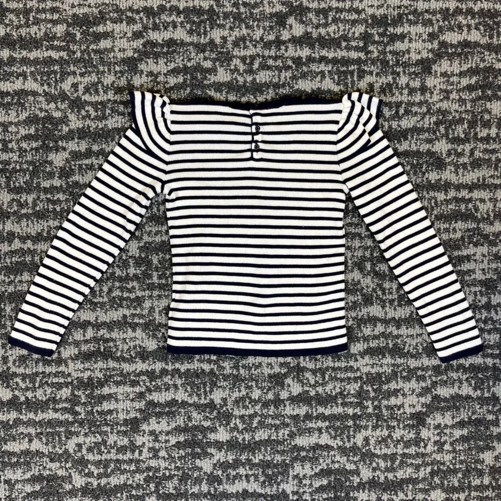 Polo Ralph Lauren Knit Top Girls Size 6 Navy Blue Stripes Ruffle Shoulder Shirt